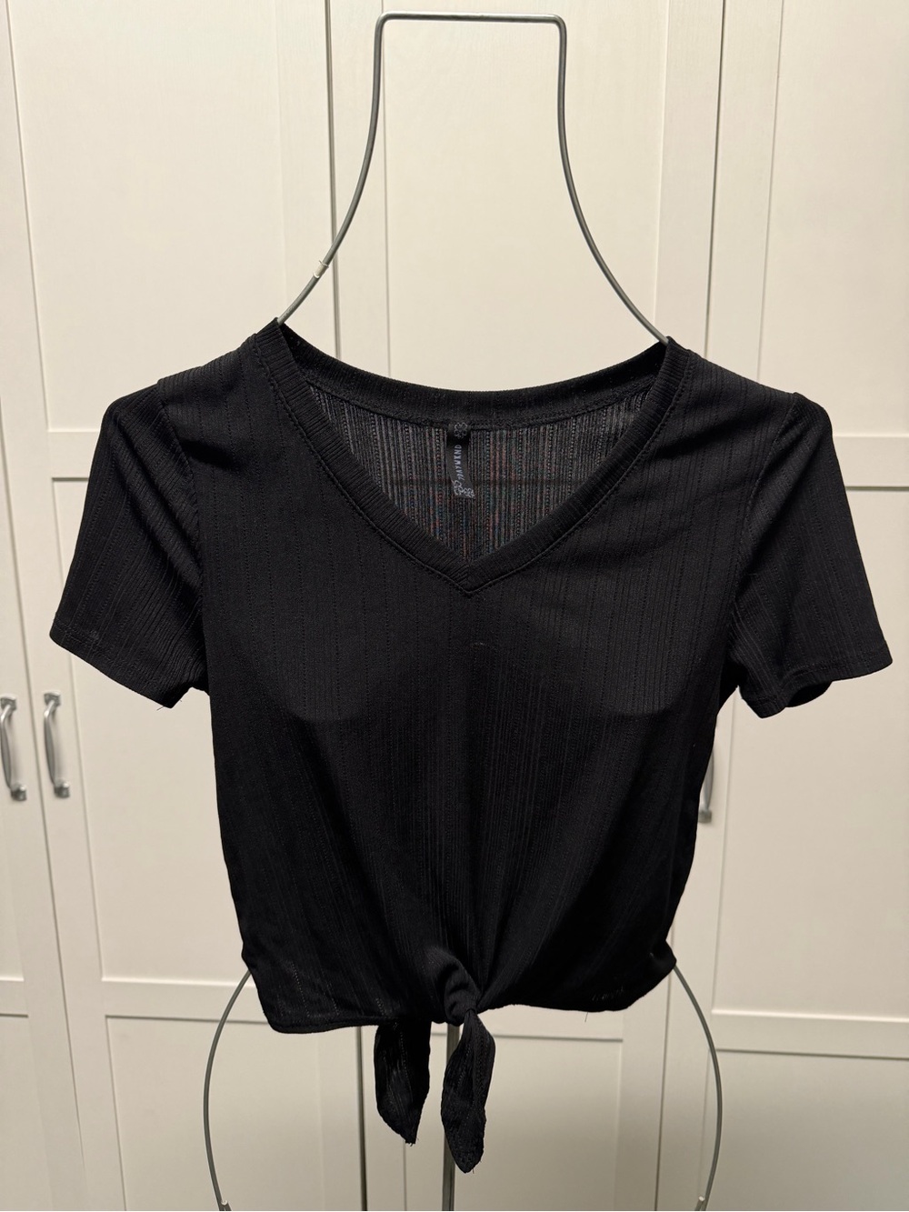Black Tie-Front V-Neck Women's Top